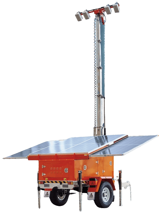 Trailer-mounted Roadsafe solar light tower with raised LED lighting mast