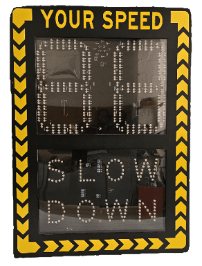 Roadsafe Speed Sentinel Advanced board displaying speed and a slow down warning