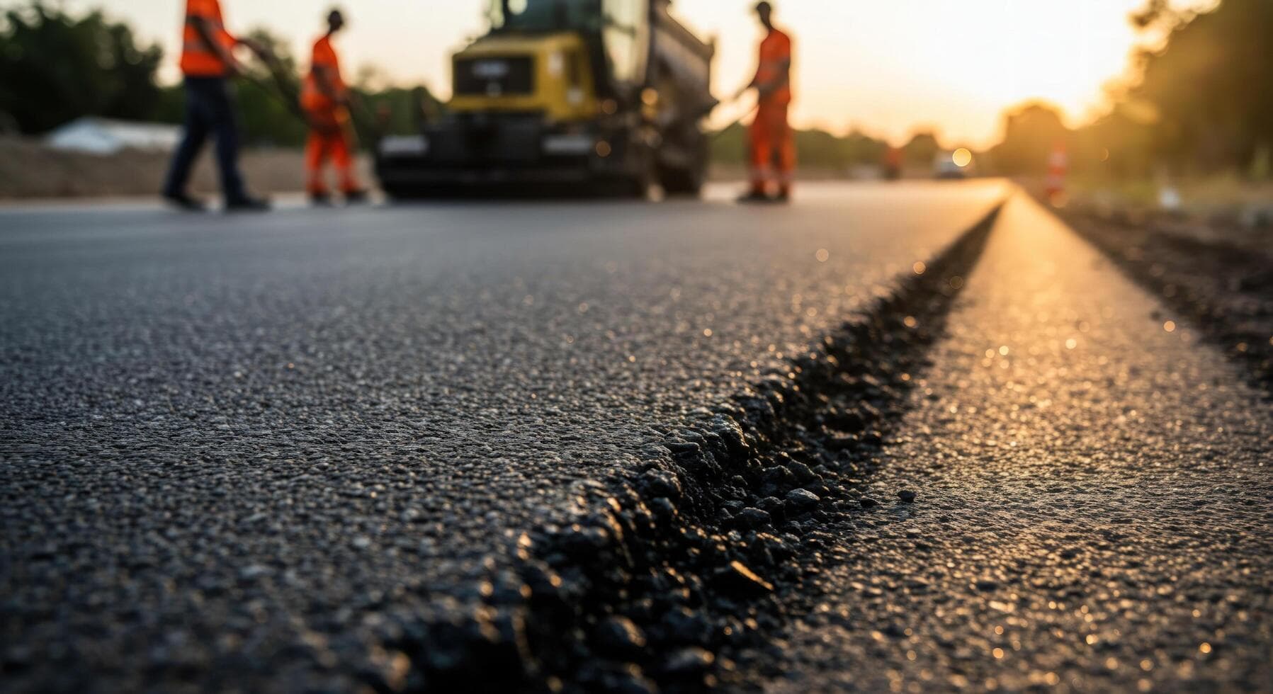 Road construction crew working on newly laid asphalt at sunset