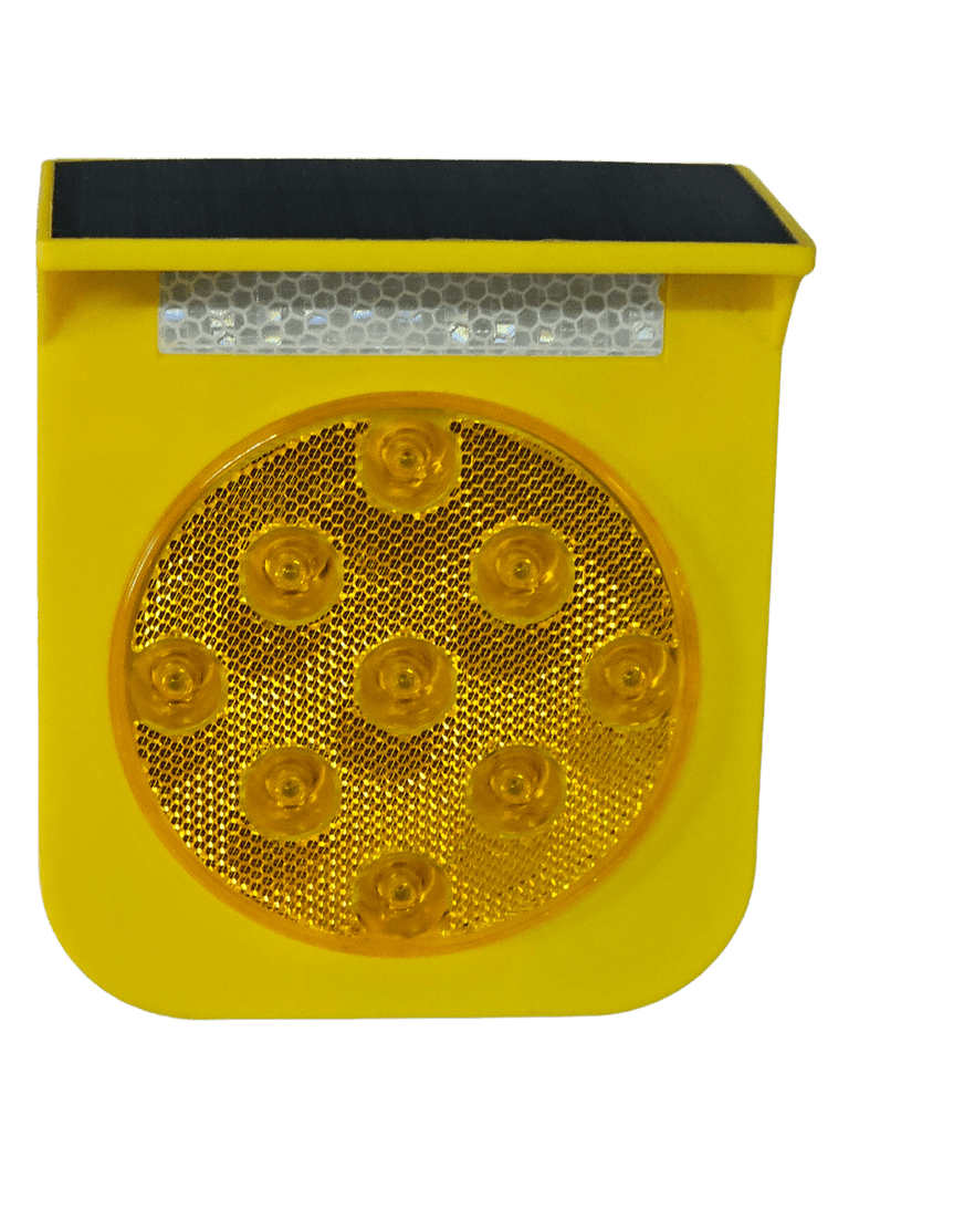 Yellow sign-mounted solar warning light with amber LED lens
